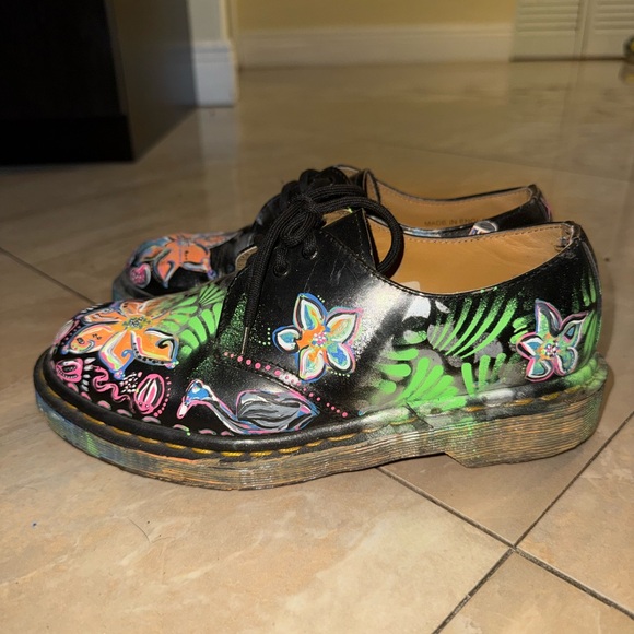 Dr. Martens Black Leather Floral Hand-Painted Oxfords - Picture 2 of 4